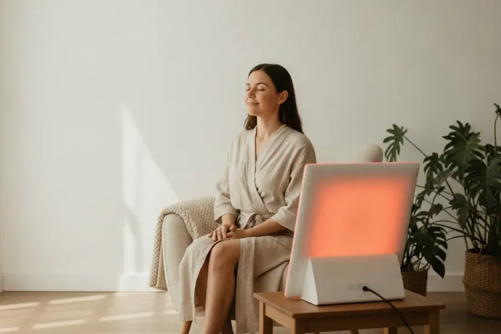 Una rutina de bienestar tranquila en casa con un dispositivo de terapia de luz roja